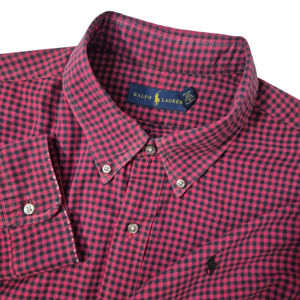Ralph Lauren Button Down Shirt Mens XXL Red Gingham Plaid Pony Logo Distressed